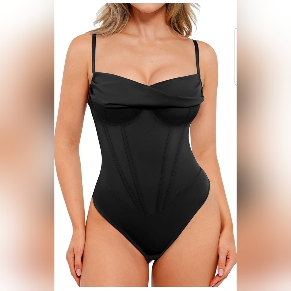 Popilush Women's Black Corset Cowl Neck Shapewear Tummy Control Bodysuit 3XL
